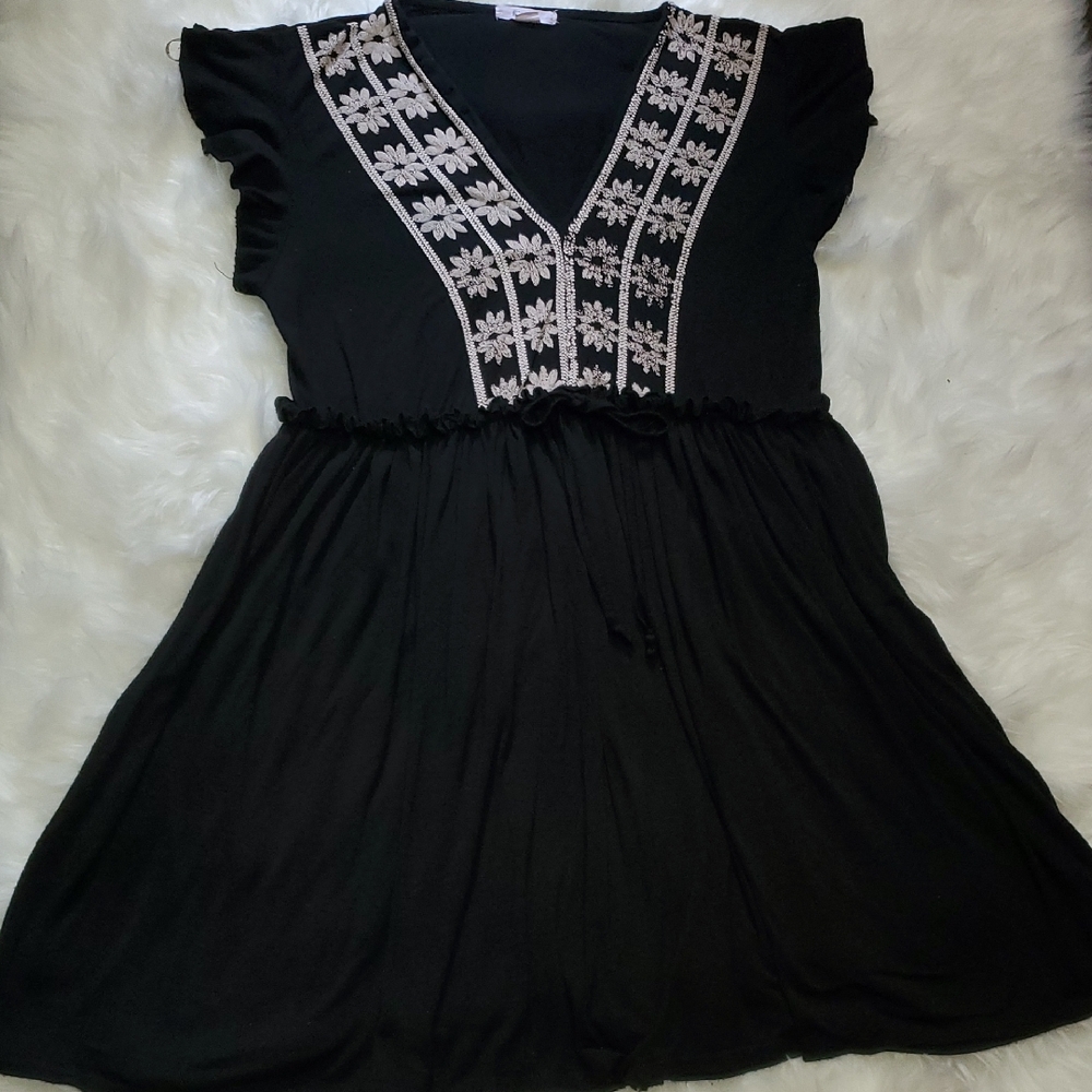 Exist Black Midi Dress with White Floral Embroidery